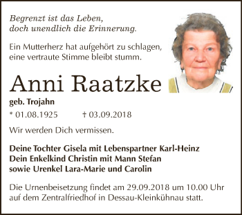 Traueranzeige von Anni Raatzke von WVG - Wochenspiegel Dessau / Köthen
