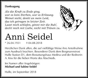 Traueranzeige von Anni Seidel von Mitteldeutsche Zeitung Halle/Saalkreis