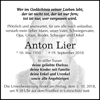 Traueranzeige von Anton Lier von Mitteldeutsche Zeitung