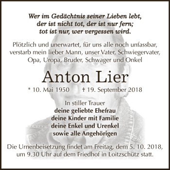 Traueranzeige von Anton Lier von Super Sonntag Zeitz
