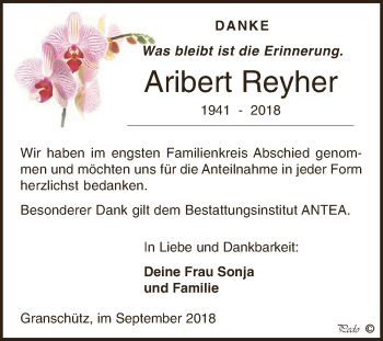 Traueranzeige von Aribert Reyher von WVG - Wochenspiegel NMB / WSF / ZTZ