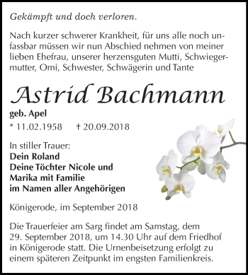 Traueranzeige von Astrid Bachmann von Mitteldeutsche Zeitung Sangerhausen