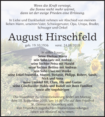 Traueranzeige von August Hirschfeld von Mitteldeutsche Zeitung