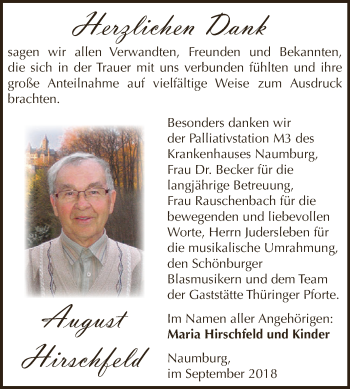 Traueranzeige von August Hirschfeld von WVG - Wochenspiegel NMB / WSF / ZTZ