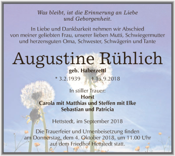 Traueranzeige von Augustine Rühlich von Super Sonntag SGH Mansf. Land
