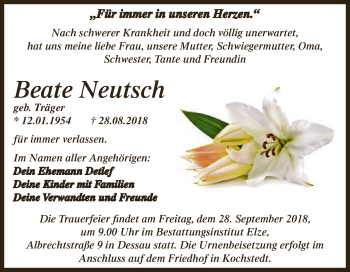 Traueranzeige von Beate Neutsch von WVG - Wochenspiegel Dessau / Köthen