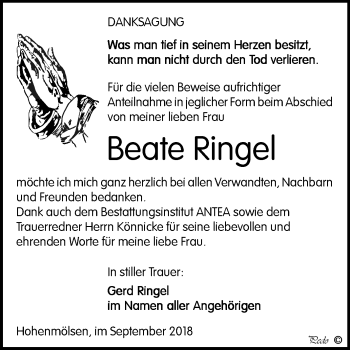 Traueranzeige von Beate Ringel von Mitteldeutsche Zeitung Weißenfels