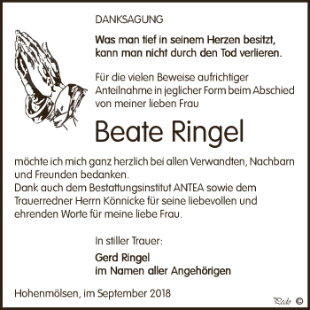 Traueranzeige von Beate Ringel von WVG - Wochenspiegel NMB / WSF / ZTZ