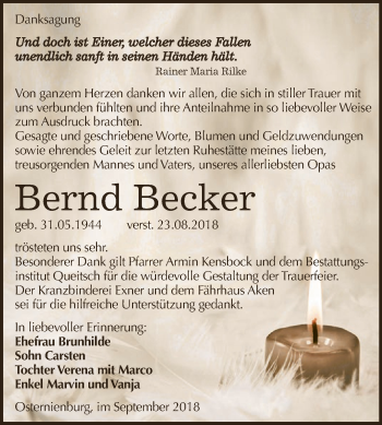 Traueranzeige von Bernd Becker von WVG - Wochenspiegel Dessau / Köthen