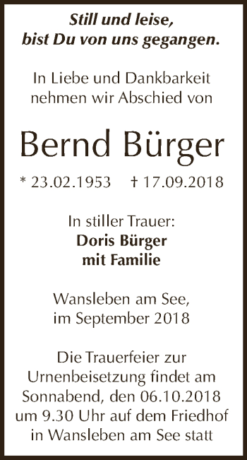 Traueranzeige von Bernd Bürger von Super Sonntag SGH Mansf. Land