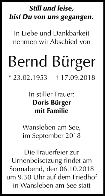 Traueranzeige von Bernd Bürger von Mitteldeutsche Zeitung
