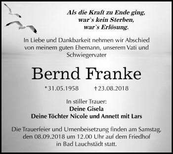 Traueranzeige von Bernd Franke von Mitteldeutsche Zeitung Merseburg/Querfurt