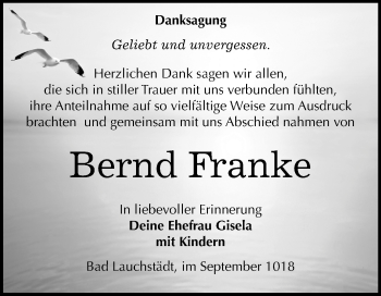 Traueranzeige von Bernd Franke von Mitteldeutsche Zeitung Merseburg/Querfurt