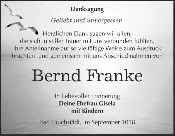 Traueranzeige von Bernd Franke von WVG - Wochenspiegel Merseburg