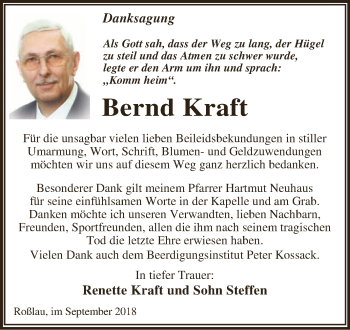 Traueranzeige von Bernd Kraft von WVG - Wochenspiegel Dessau / Köthen