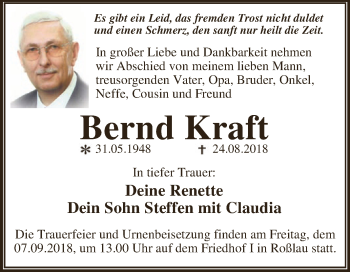 Traueranzeige von Bernd Kraft von WVG - Wochenspiegel Dessau / Köthen