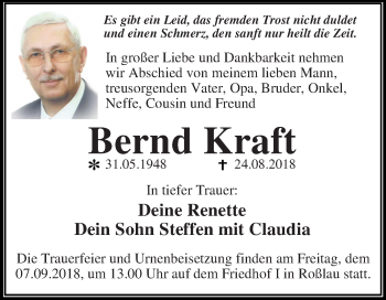 Traueranzeige von Bernd Kraft von Mitteldeutsche Zeitung Dessau-Roßlau