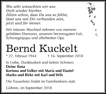 Traueranzeige von Bernd Kuckelt von Mitteldeutsche Zeitung Merseburg/Querfurt