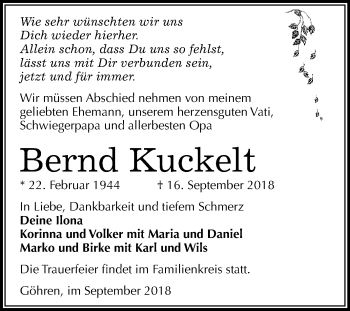 Traueranzeige von Bernd Kuckelt von WVG - Wochenspiegel Merseburg