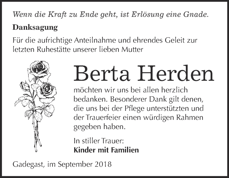  Traueranzeige für Berta Herden vom 22.09.2018 aus WVG - Wochenspiegel Wittenberg