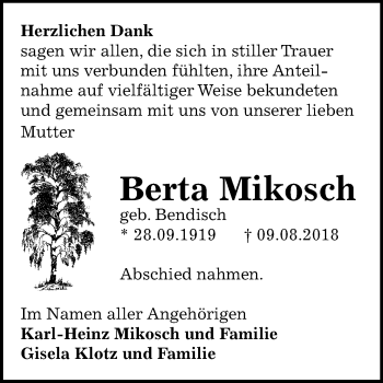 Traueranzeige von Berta Mikosch von Mitteldeutsche Zeitung Bernburg