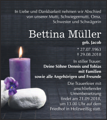 Traueranzeige von Bettina Müller von WVG - Wochenspiegel Bitterfeld