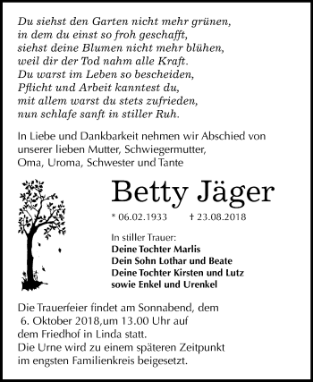 Traueranzeige von Betty Jäger von Mitteldeutsche Zeitung