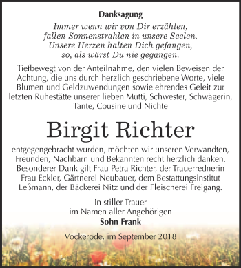 Traueranzeige von Birgit Richter von WVG - Wochenspiegel Wittenberg