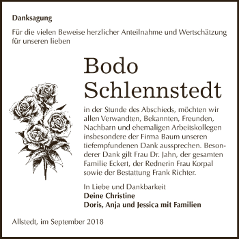 Traueranzeige von Bodo Schlennstedt von Super Sonntag SGH Mansf. Land