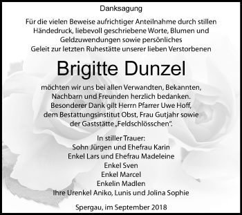 Traueranzeige von Brigitte Dunzel von Mitteldeutsche Zeitung Merseburg/Querfurt