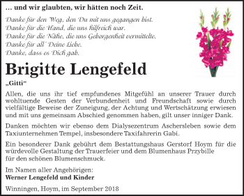Traueranzeige von Brigitte Lengefeld von Mitteldeutsche Zeitung Aschersleben