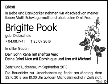 Traueranzeige von Brigitte Pook von Mitteldeutsche Zeitung Zeitz