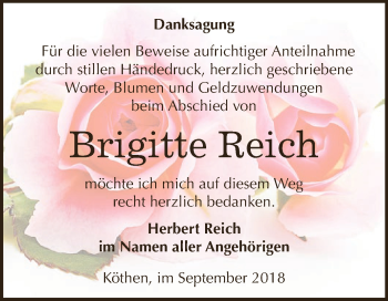 Traueranzeige von Brigitte Reich von WVG - Wochenspiegel Dessau / Köthen