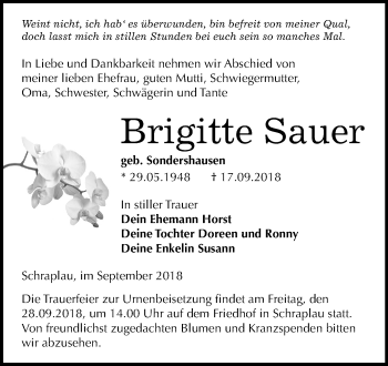 Traueranzeige von Brigitte Sauer von Mitteldeutsche Zeitung
