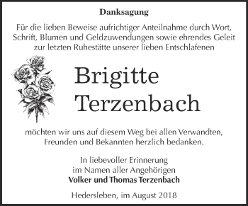 Traueranzeige von Brigitte Terzenbach von WVG - Wochenspiegel Quedlinburg