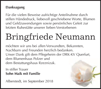 Traueranzeige von Bringfriede Neumann von WVG - Wochenspiegel Merseburg