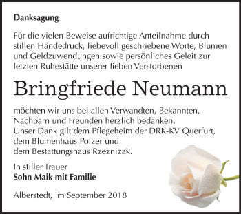 Traueranzeige von Bringfriede Neumann von Mitteldeutsche Zeitung Merseburg/Querfurt