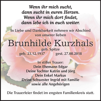 Traueranzeige von Brunhilde Kurzhals von Mitteldeutsche Zeitung Weißenfels