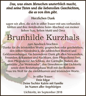 Traueranzeige von Brunhilde Kurzhals von WVG - Wochenspiegel NMB / WSF / ZTZ