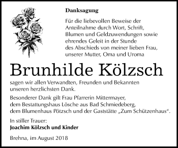 Traueranzeige von Brunhilde Kölzsch von WVG - Wochenspiegel Bitterfeld