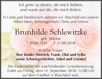 Traueranzeige von Brunhilde Schlewitzke von Mitteldeutsche Zeitung Halle/Saalkreis