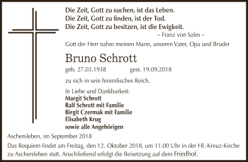 Traueranzeige von Bruno Schrott von Super Sonntag Aschersleben