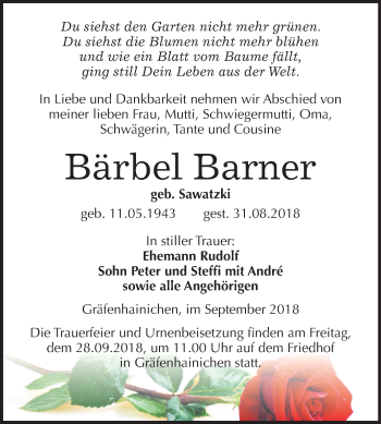 Traueranzeige von Bärbel Barner von Mitteldeutsche Zeitung