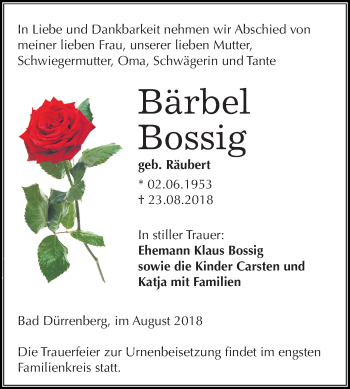 Traueranzeige von Bärbel Bossig von Mitteldeutsche Zeitung Merseburg/Querfurt