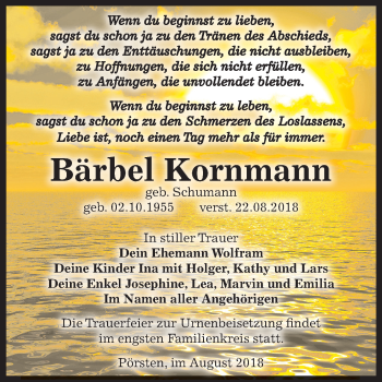 Traueranzeige von Bärbel Kornmann von Mitteldeutsche Zeitung Weißenfels