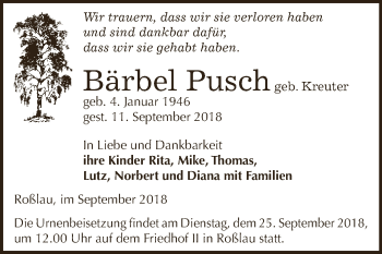 Traueranzeige von Bärbel Pusch von WVG - Wochenspiegel Dessau / Köthen