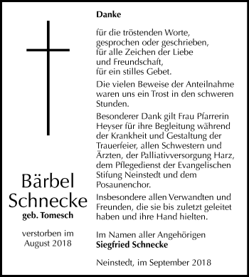 Traueranzeige von Bärbel Schnecke von Mitteldeutsche Zeitung