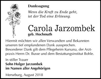 Traueranzeige von Carola Jarzombek von Mitteldeutsche Zeitung Merseburg/Querfurt