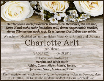Traueranzeige von Charlotte Arlt von WVG - Wochenspiegel Dessau / Köthen