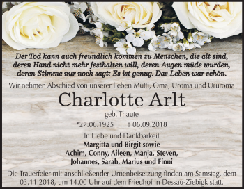 Traueranzeige von Charlotte Arlt von Mitteldeutsche Zeitung Dessau-Roßlau